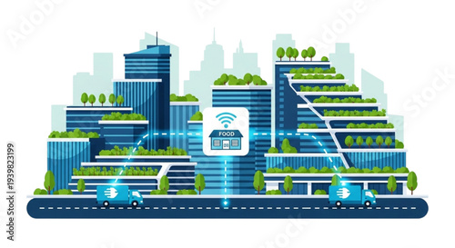Futuristic cityscape with lush greenery and sleek architecture viewed from a high vantage point illustrating sustainable urban development