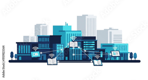 Cityscape illustration depicting modern office buildings and people communicating with technology