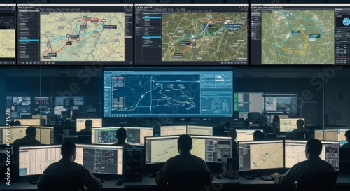 Military command center with soldiers monitoring tactical maps on multiple computer screens