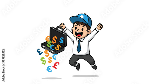 Joyful cartoon character jumping, briefcase spilling money symbols, success, wealth, financial gain