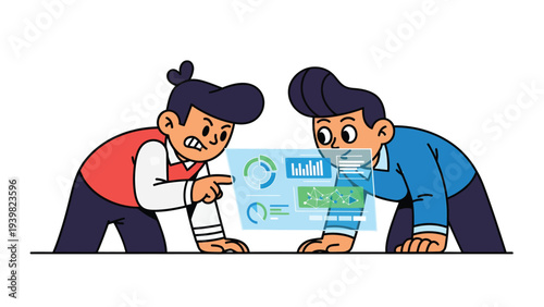 Data Dispute: Colleagues arguing over business analytics on a holographic screen, representing workplace conflict and disagreement.