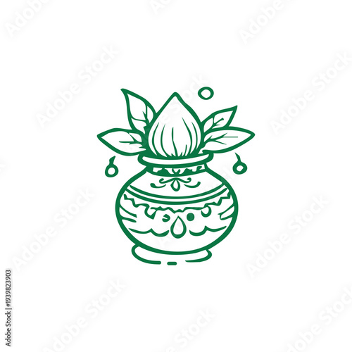 Decorative Sacred Pot with Coconut and Leaves Cultural Symbol Illustration