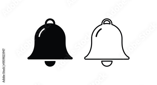 Set of 2 Notification Bell Icons Vector: One Solid Black and One Outline Style for UI/UX Design, Alerts, and Website Elements