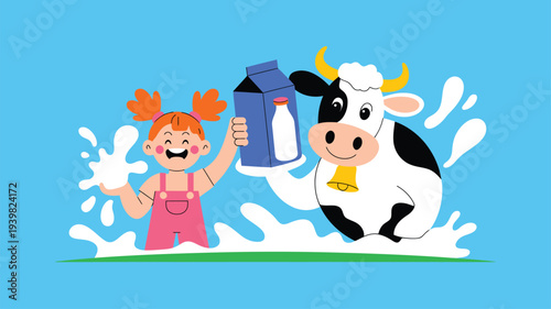 Happy Child Cow Milk Splash Cartoon