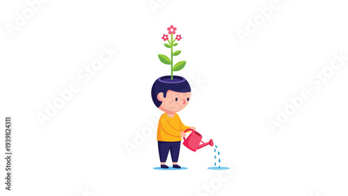 Cartoon Boy Nurturing Personal Growth & Ideas. Plant-head character waters ground, symbolizing self-development and concept cultivation.