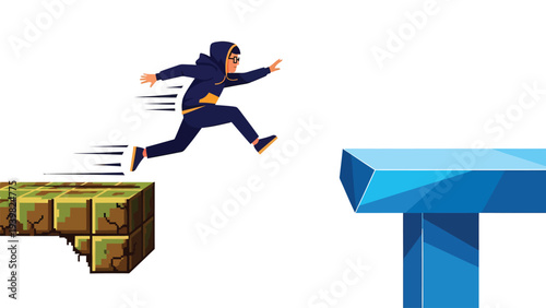Cartoon character in hoodie jumping between game platforms. Overcoming challenge, progress, and adventure concept.