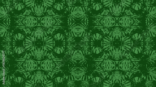 Repeating green floral pattern with intricate leaf designs.