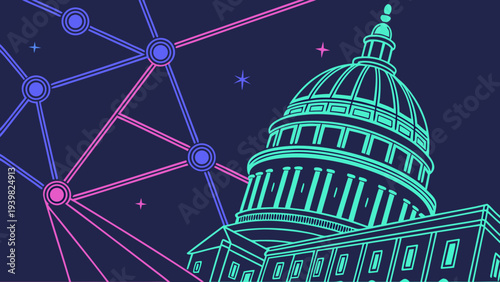 Vector illustration of the New York City skyline and state capitol building featuring a classic dome design and American government architecture as a landmark travel monument in the USA