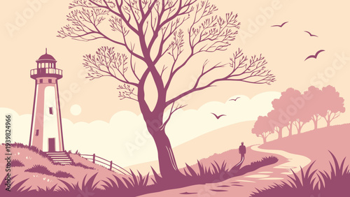 Vector illustration of a dead tree silhouette against a sunset sky in an autumn forest landscape featuring birds on a branch and a beautiful nature environment
