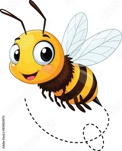 A cartoon bee flying with a dotted trail