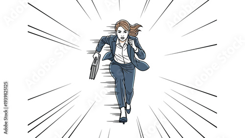 Fast-paced businesswoman running with briefcase, dynamic speed lines illustration of urgency and determination