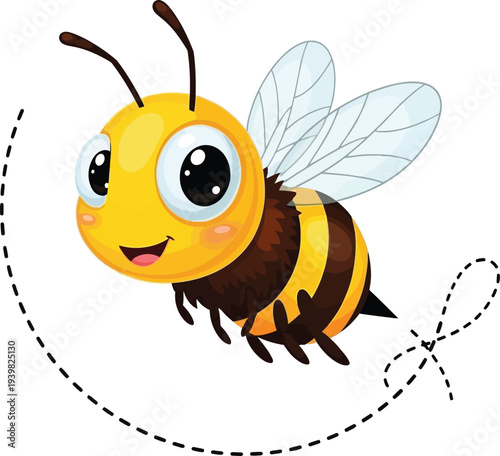 A cartoon bee flying in a curved path