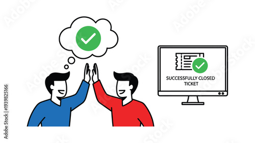 Team celebrating successful ticket closure. Collaboration and task completion concept with high five and computer monitor.