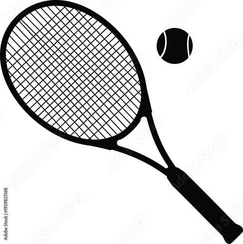 A black and white image of a tennis racket and ball