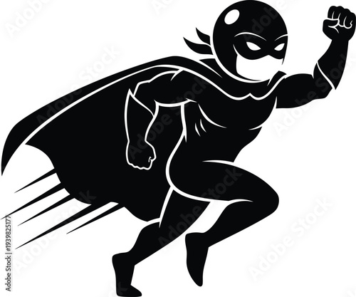 A superhero in a dynamic running pose with a cape flowing behind him