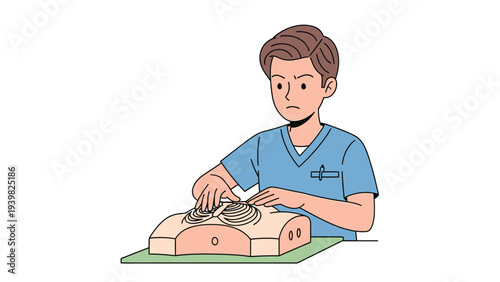 Medical training: Healthcare worker practicing wound treatment on a simulation mannequin for skill development.