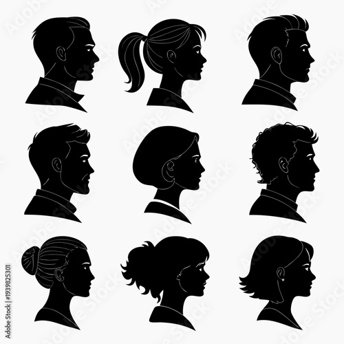 Diverse set of nine black silhouettes of people facing right
