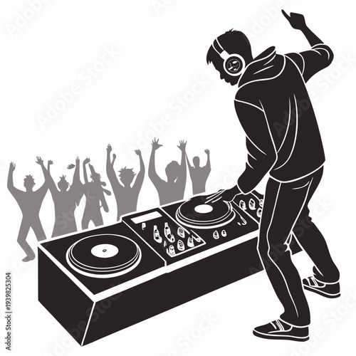 Energetic DJ performing at a lively party with a dancing crowd