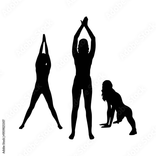 Silhouettes of people in yoga poses with child on white background