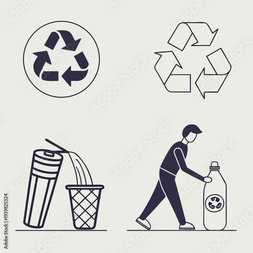 Man recycling plastic bottle and can in eco-friendly environment with recycling symbols