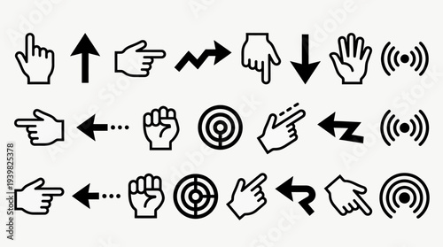 Collection of Hand Icons Pointing and Gesturing in Various Directions.