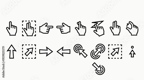 Collection of Hand Gestures and Navigation Icons in Simple Line Art Style.