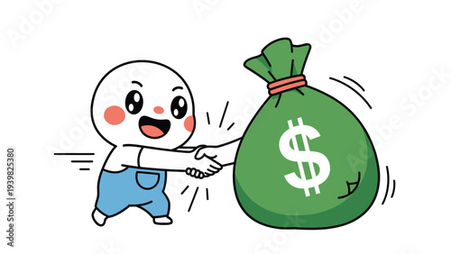 Happy cartoon character shaking hands with money bag, symbolizing financial success, agreement, and a good deal.