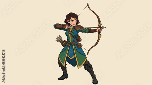 An animated female archer stands poised, drawing her bowstring with determination, showcasing a blend of strength and grace, ready for an accurate shot at her target.