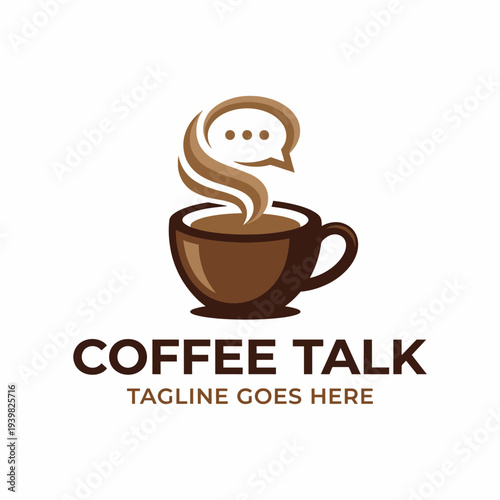 An inviting coffee cup logo design featuring steam and chat bubbles, representing a cozy atmosphere for conversation and connection over coffee breaks.