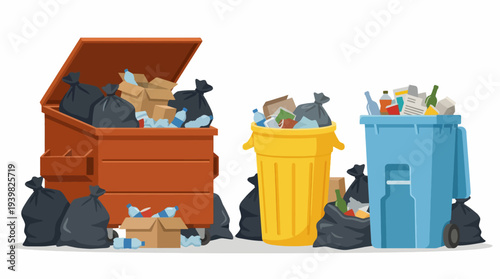 This realistic image displays two overflowing trash bins filled with various types of waste, highlighting environmental issues related to waste management and recycling.
