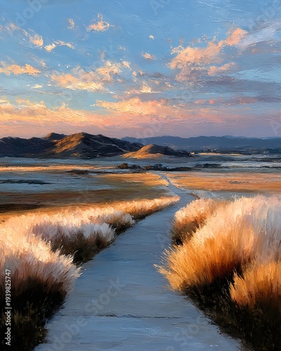 Wide panoramic sunset view of peaceful hills and luminous clouds framing a simple country trail