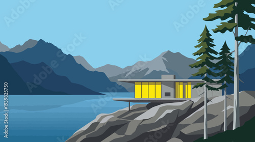 A striking illustration of a contemporary home set against a breathtaking lakeside backdrop with mountains and trees, capturing the essence of modern architecture and natural beauty.