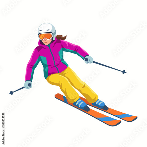 An action-packed illustration of a female skier expertly navigating snowy slopes, representing adventure, athleticism, and the thrill of winter sports activities.