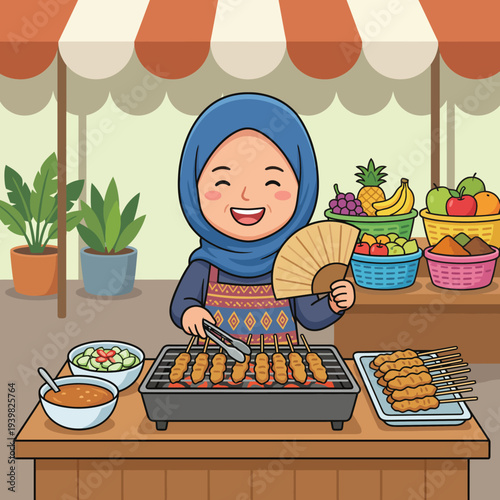 The happy food vendor at the market is grilling skewers and serves delicious meals, capturing the essence of culinary delight and the joy of outdoor grilling.