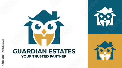 A creative logo featuring a wise owl within a house shape, representing guardianship and security, perfect for real estate or protective services focused businesses.