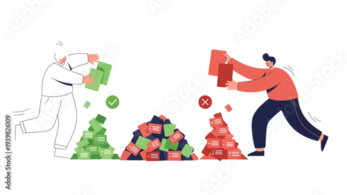 Success & Failure Choices: People Sorting Good & Bad Decisions into Piles. Positive & Negative Outcomes Concept