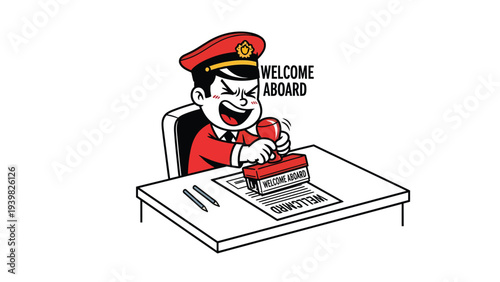 Cartoon Officer Stamping 'Welcome Aboard' Document with Intense Expression