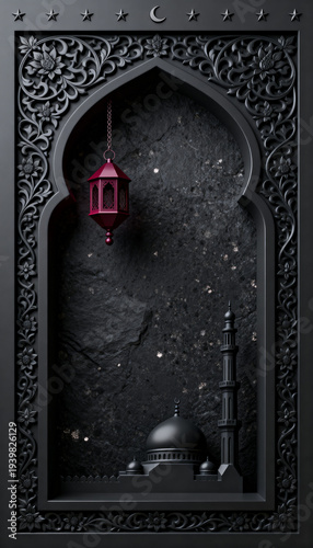 Wallpaper Mural Ramadan kareem ornate frame with mosque minaret lantern and glowing stars on rough dark stone background Torontodigital.ca