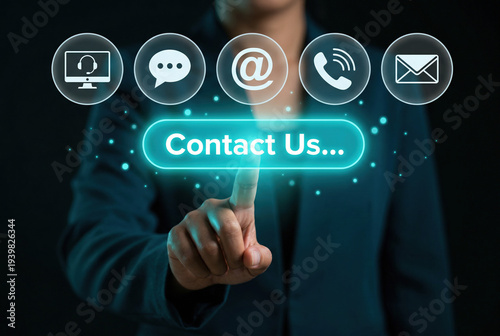 Wallpaper Mural Businesswoman Touching Virtual "Contact Us" Button with Communication Icons Torontodigital.ca