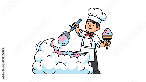 Happy Cartoon Chef Scooping Colorful Ice Cream Dessert