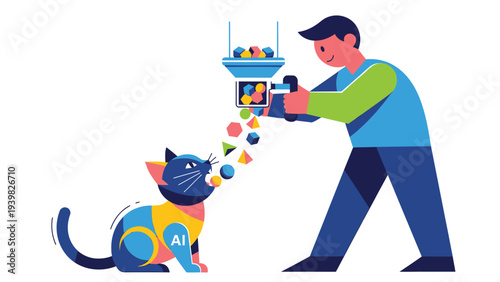 Man feeding colorful data shapes to AI cat. Artificial intelligence, machine learning, and data input concept illustration.