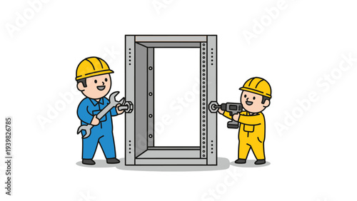 Two cartoon technicians assembling a metal frame structure with tools. Teamwork and construction concept for industrial installation.