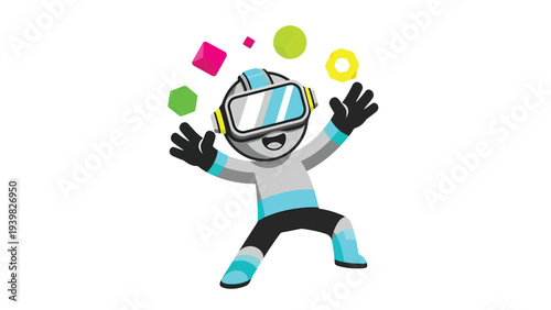 Playful cartoon character in VR headset interacting with floating geometric shapes in a virtual world concept.