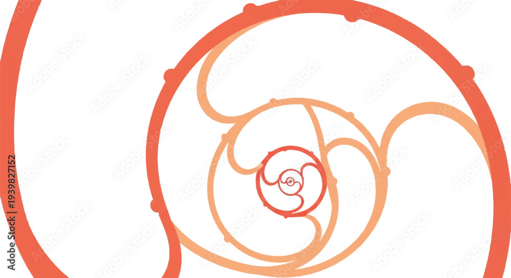 Fototapeta premium Abstract geometric spiral pattern in vibrant orange and red hues on a clean white background, creating a dynamic sense of depth and continuous flow.