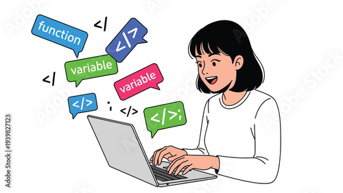 Young woman programming on laptop with code concepts. Software development, web coding, and tech education illustration.