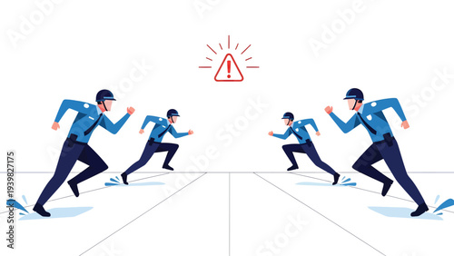 Police Officers Running Towards Confrontation with Warning Sign. Law Enforcement Challenge Concept.