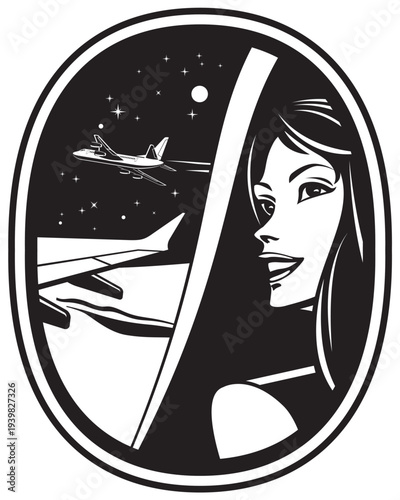 A passenger looks at the sky from the plane window – vector illustration