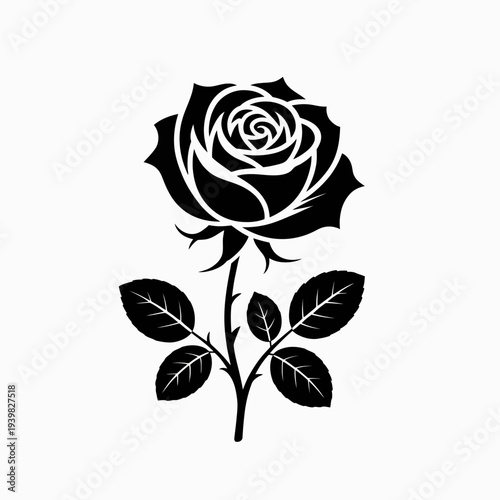 Rose flower with leaves black silhouette logo.
