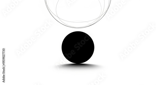 Black sphere with subtle shadow and transparent bubble hovering above on white background