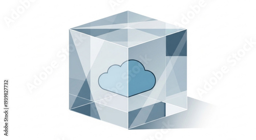 Cloud storage cube icon with blue cloud symbol inside transparent geometric block on white background for data security and technology